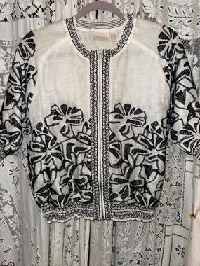 Chico's White Linen Jacket with Black Floral Embroidery